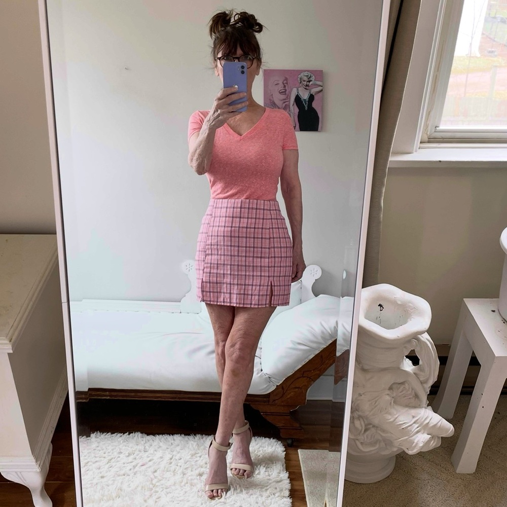 VINTAGE PINK ORANGE BURGUNDY WHITE  PLAID PENCIL SKIRT FRONT SLITS BACK ZIPPER